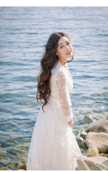 Retro Long Fairy V-neck Sexy Hollow Mesh Embroidery Large Swing White Dress