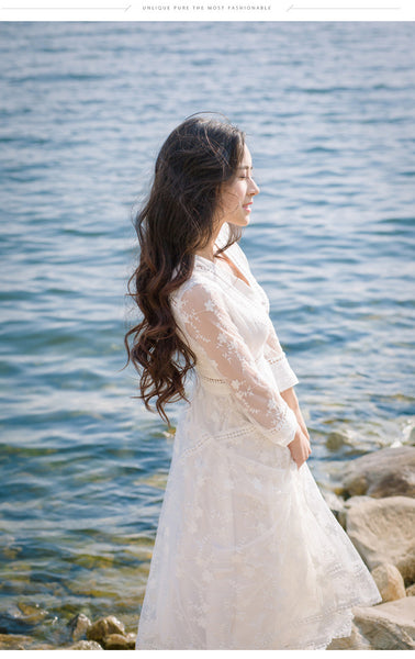 Retro Long Fairy V-neck Sexy Hollow Mesh Embroidery Large Swing White Dress