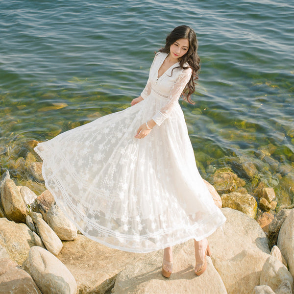 Retro Long Fairy V-neck Sexy Hollow Mesh Embroidery Large Swing White Dress