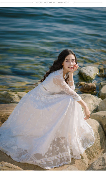 Retro Long Fairy V-neck Sexy Hollow Mesh Embroidery Large Swing White Dress