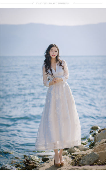 Retro Long Fairy V-neck Sexy Hollow Mesh Embroidery Large Swing White Dress