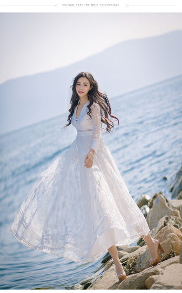 Retro Long Fairy V-neck Sexy Hollow Mesh Embroidery Large Swing White Dress