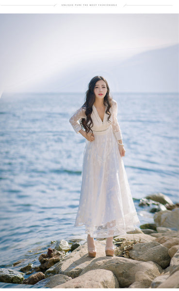 Retro Long Fairy V-neck Sexy Hollow Mesh Embroidery Large Swing White Dress