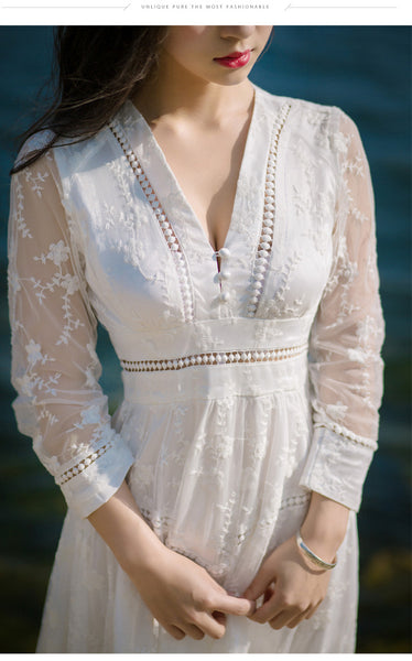 Retro Long Fairy V-neck Sexy Hollow Mesh Embroidery Large Swing White Dress