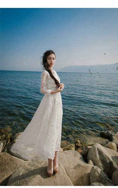 Retro Long Fairy V-neck Sexy Hollow Mesh Embroidery Large Swing White Dress