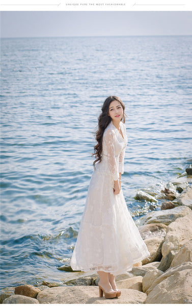 Retro Long Fairy V-neck Sexy Hollow Mesh Embroidery Large Swing White Dress