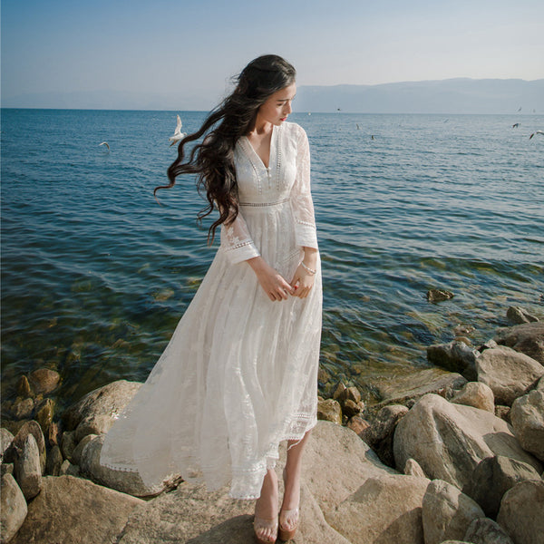 Retro Long Fairy V-neck Sexy Hollow Mesh Embroidery Large Swing White Dress