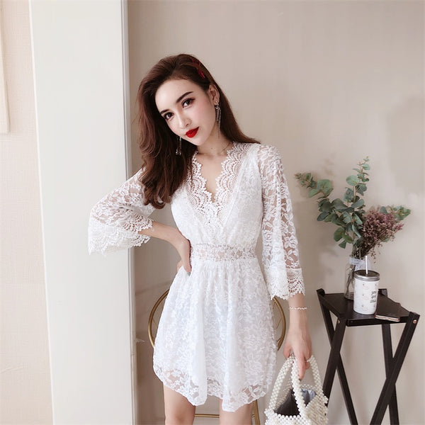 Trendy Fairy Three Quarter Bell Sleeve Sexy Waist Princess Skirt Dress