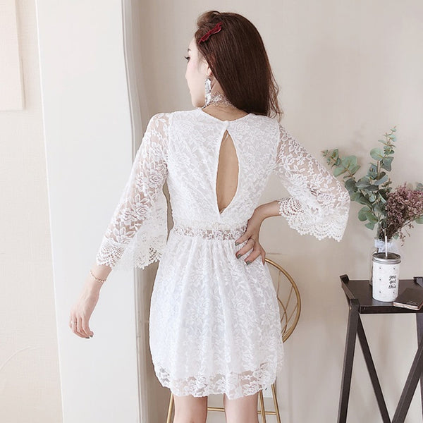 Trendy Fairy Three Quarter Bell Sleeve Sexy Waist Princess Skirt Dress