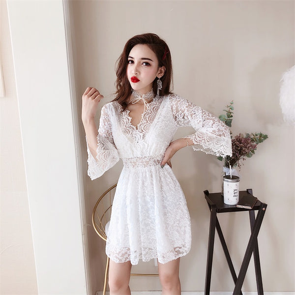 Trendy Fairy Three Quarter Bell Sleeve Sexy Waist Princess Skirt Dress