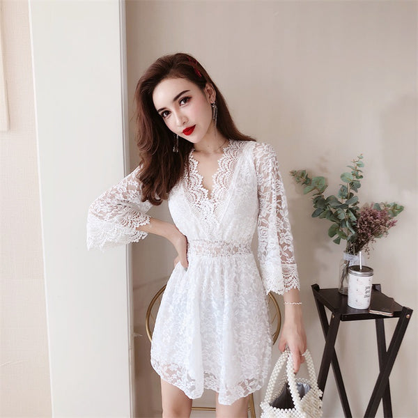 Trendy Fairy Three Quarter Bell Sleeve Sexy Waist Princess Skirt Dress