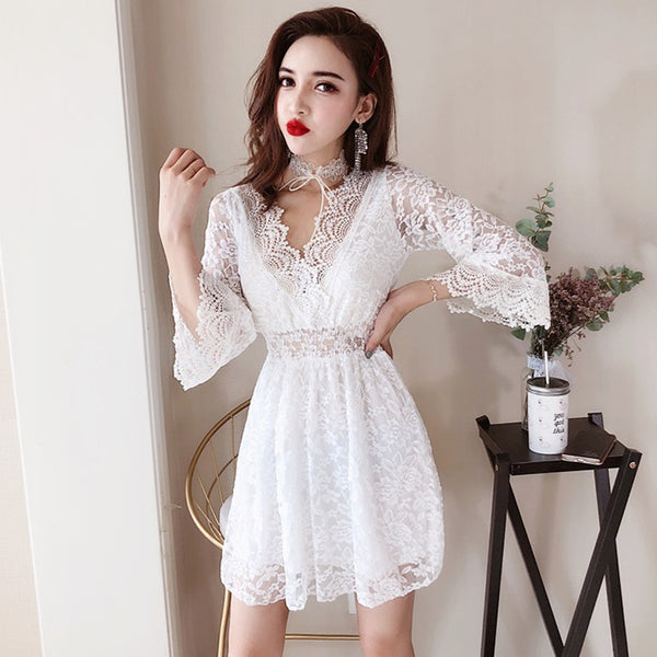 Trendy Fairy Three Quarter Bell Sleeve Sexy Waist Princess Skirt Dress