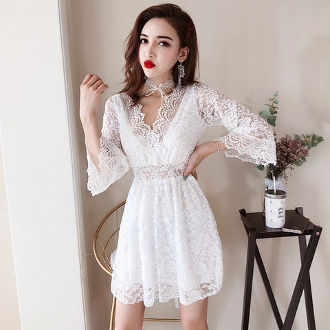 Trendy Fairy Three Quarter Bell Sleeve Sexy Waist Princess Skirt Dress