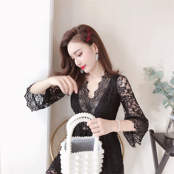 Trendy Fairy Three Quarter Bell Sleeve Sexy Waist Princess Skirt Dress