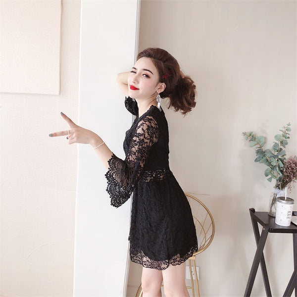 Trendy Fairy Three Quarter Bell Sleeve Sexy Waist Princess Skirt Dress