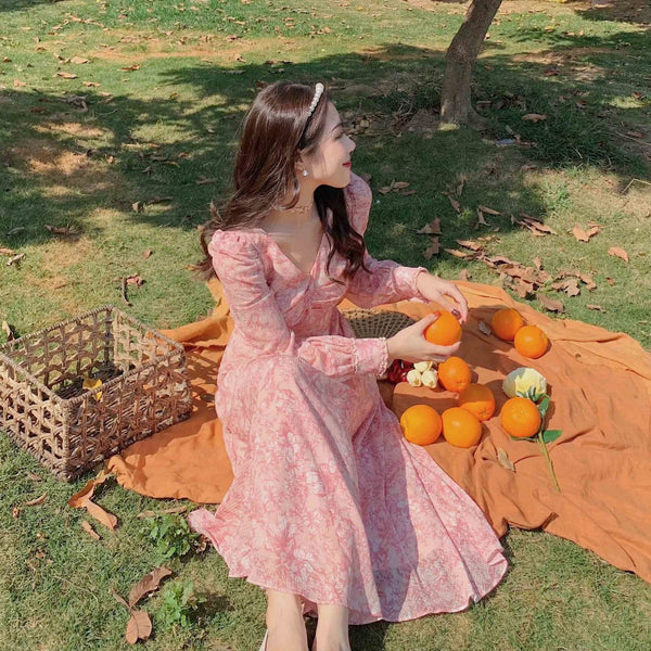 Coffee Tea Break Sweet Bell Flower Loose Waist A-line Long Pink Dress