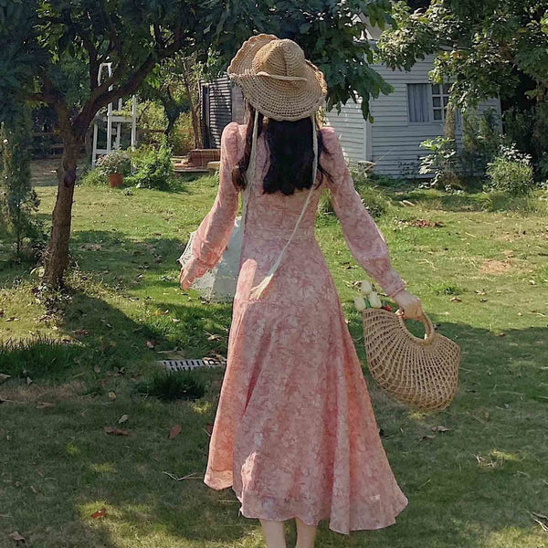 Coffee Tea Break Sweet Bell Flower Loose Waist A-line Long Pink Dress