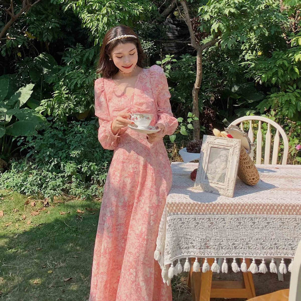 Coffee Tea Break Sweet Bell Flower Loose Waist A-line Long Pink Dress