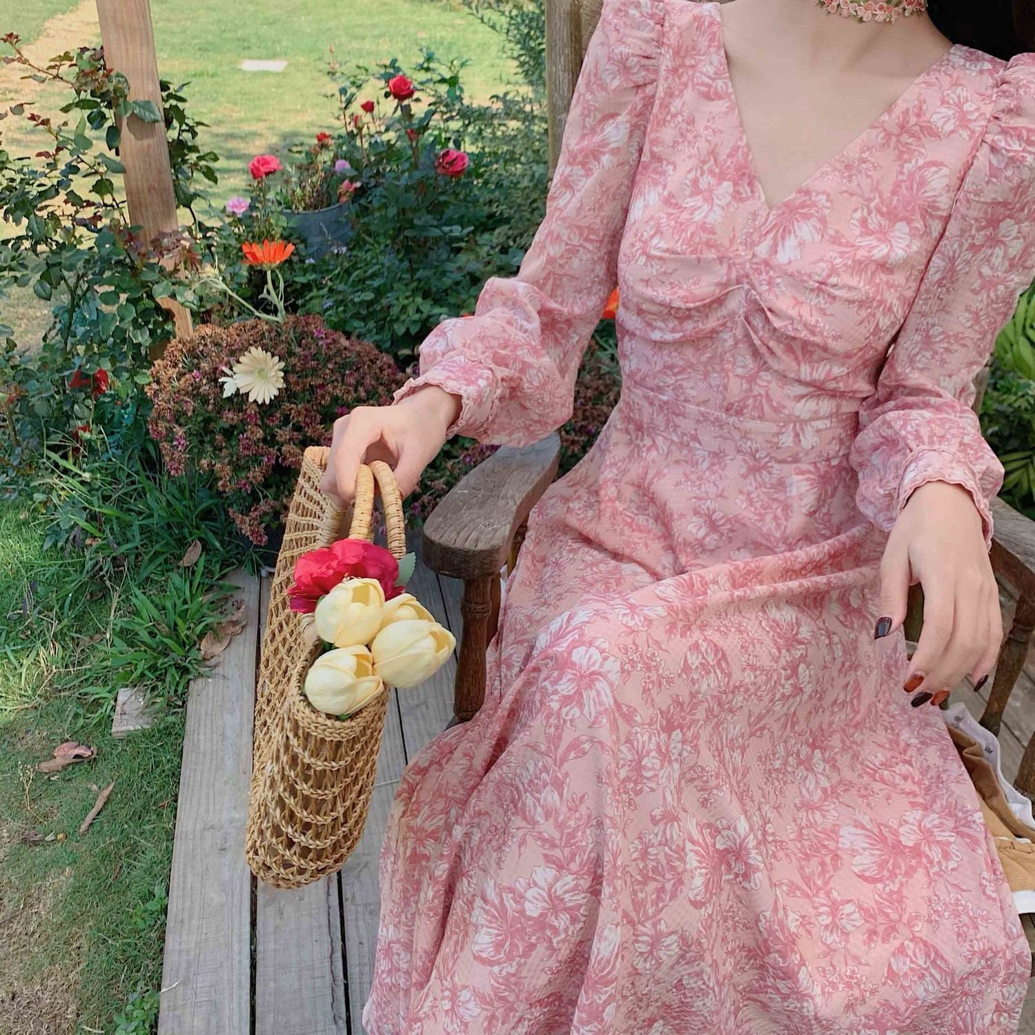 Coffee Tea Break Sweet Bell Flower Loose Waist A-line Long Pink Dress