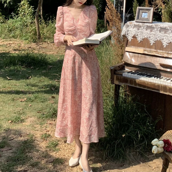 Coffee Tea Break Sweet Bell Flower Loose Waist A-line Long Pink Dress