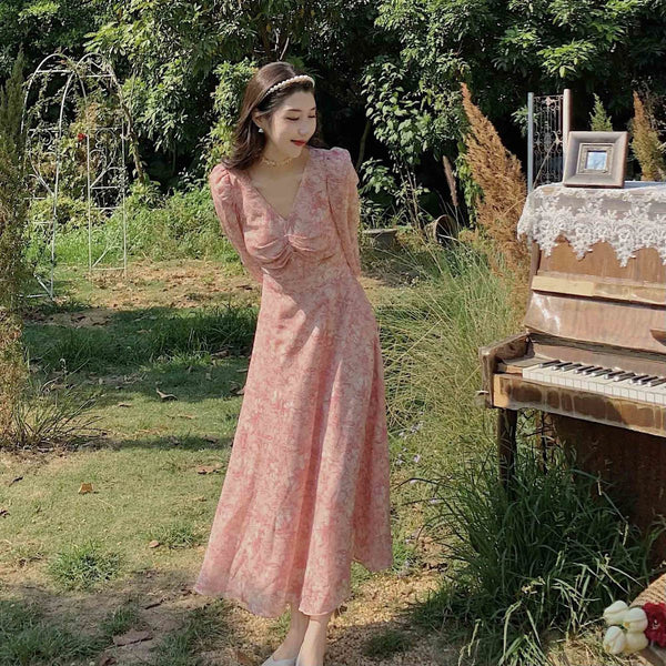 Coffee Tea Break Sweet Bell Flower Loose Waist A-line Long Pink Dress