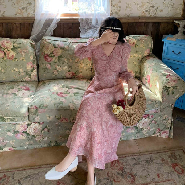 Coffee Tea Break Sweet Bell Flower Loose Waist A-line Long Pink Dress