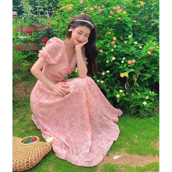 Coffee Tea Break Sweet Bell Flower Loose Waist A-line Long Pink Dress