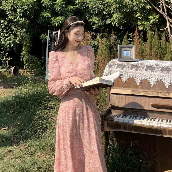 Coffee Tea Break Sweet Bell Flower Loose Waist A-line Long Pink Dress