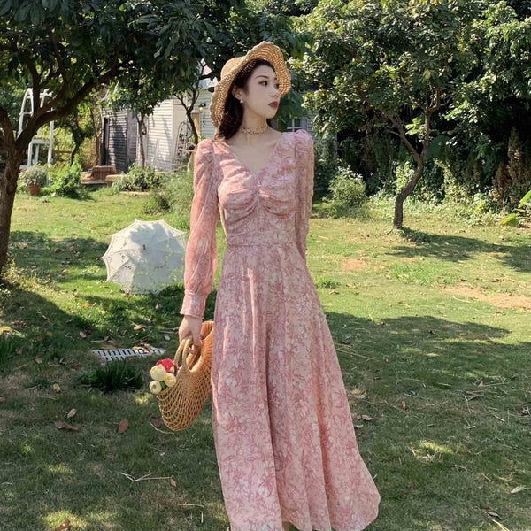 Coffee Tea Break Sweet Bell Flower Loose Waist A-line Long Pink Dress