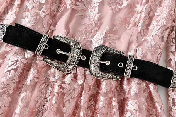 Elegant Temperament Stand Up Collar Long Sleeved pink Embroidered Floral Waist Mesh Dress