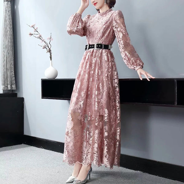 Elegant Temperament Stand Up Collar Long Sleeved pink Embroidered Floral Waist Mesh Dress