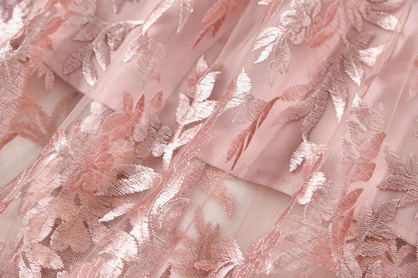 Elegant Temperament Stand Up Collar Long Sleeved pink Embroidered Floral Waist Mesh Dress