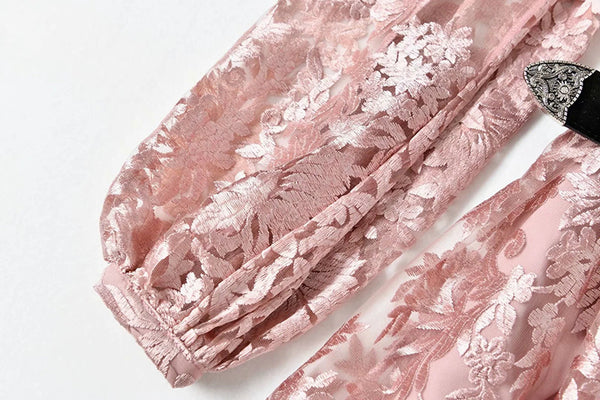 Elegant Temperament Stand Up Collar Long Sleeved pink Embroidered Floral Waist Mesh Dress