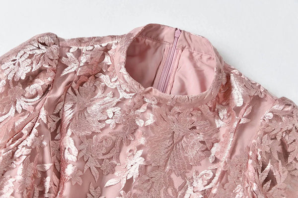 Elegant Temperament Stand Up Collar Long Sleeved pink Embroidered Floral Waist Mesh Dress