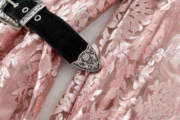 Elegant Temperament Stand Up Collar Long Sleeved pink Embroidered Floral Waist Mesh Dress