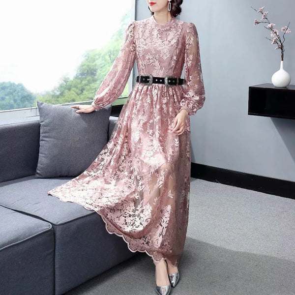 Elegant Temperament Stand Up Collar Long Sleeved pink Embroidered Floral Waist Mesh Dress