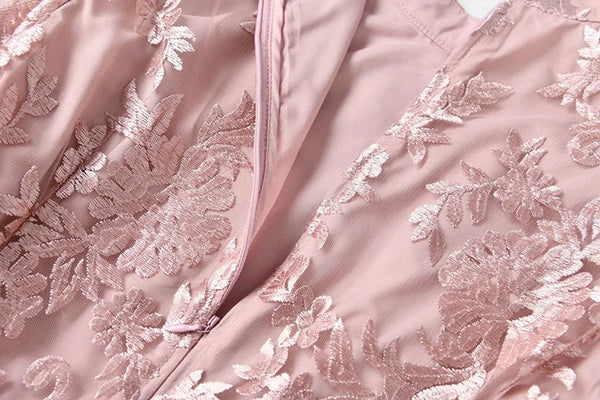 Elegant Temperament Stand Up Collar Long Sleeved pink Embroidered Floral Waist Mesh Dress