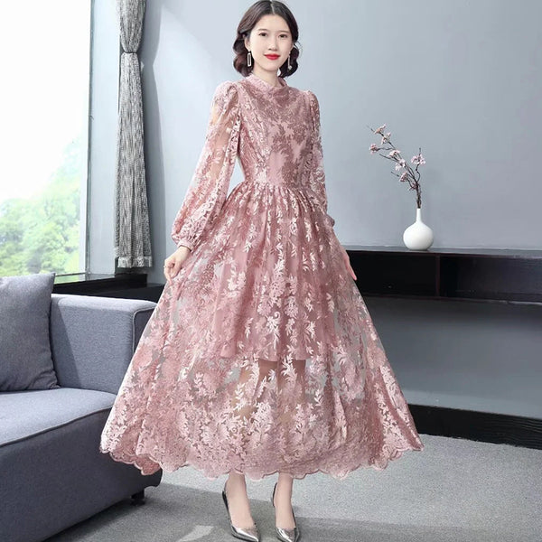Elegant Temperament Stand Up Collar Long Sleeved pink Embroidered Floral Waist Mesh Dress