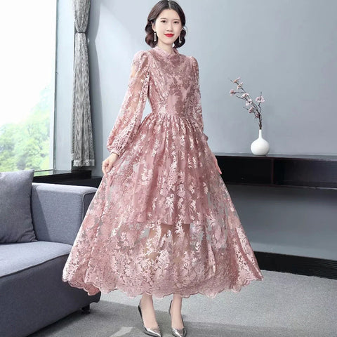 Elegant Temperament Stand Up Collar Long Sleeved pink Embroidered Floral Waist Mesh Dress