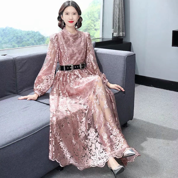 Elegant Temperament Stand Up Collar Long Sleeved pink Embroidered Floral Waist Mesh Dress