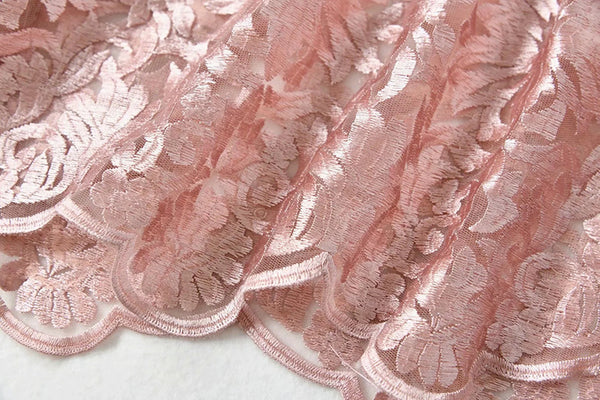 Elegant Temperament Stand Up Collar Long Sleeved pink Embroidered Floral Waist Mesh Dress