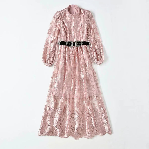 Elegant Temperament Stand Up Collar Long Sleeved pink Embroidered Floral Waist Mesh Dress