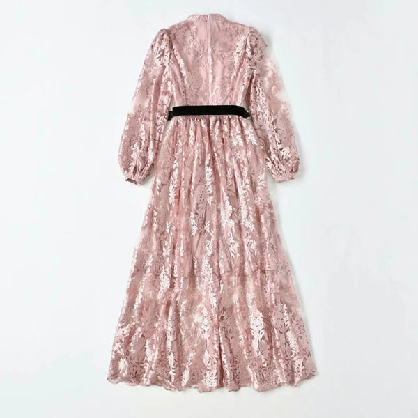 Elegant Temperament Stand Up Collar Long Sleeved pink Embroidered Floral Waist Mesh Dress