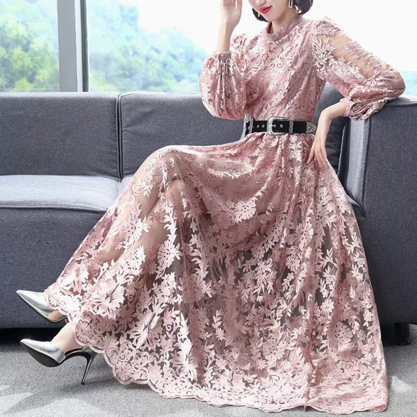 Elegant Temperament Stand Up Collar Long Sleeved pink Embroidered Floral Waist Mesh Dress