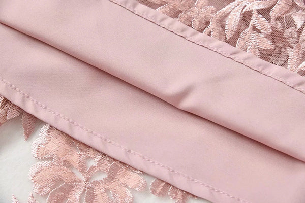 Elegant Temperament Stand Up Collar Long Sleeved pink Embroidered Floral Waist Mesh Dress