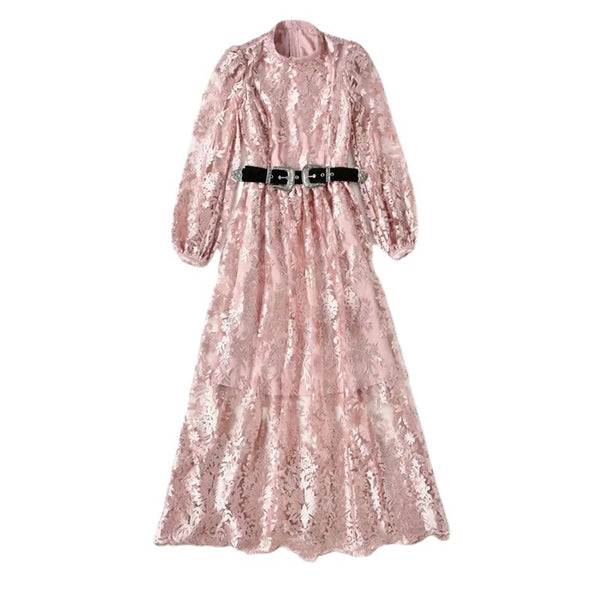 Elegant Temperament Stand Up Collar Long Sleeved pink Embroidered Floral Waist Mesh Dress