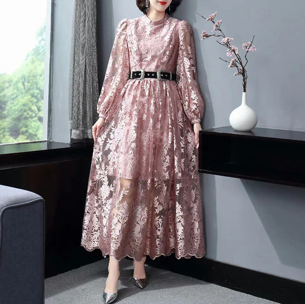 Elegant Temperament Stand Up Collar Long Sleeved pink Embroidered Floral Waist Mesh Dress