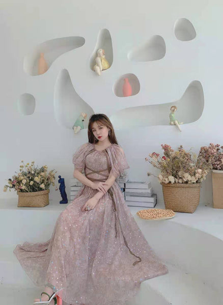 Temperament Chiffon High Waist Lace Floral Printed Long Purple Dress