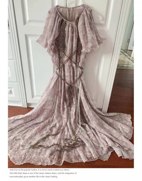 Temperament Chiffon High Waist Lace Floral Printed Long Purple Dress