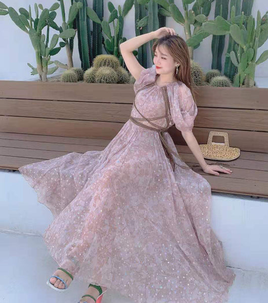 Temperament Chiffon High Waist Lace Floral Printed Long Purple Dress